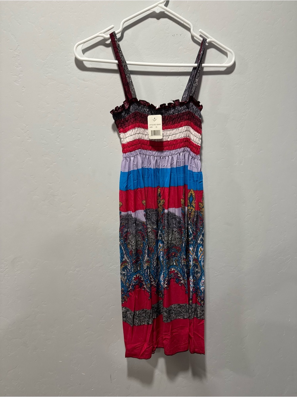 Striped Boho midi smocked sunDress in Red, Blue, Lavender size XL
